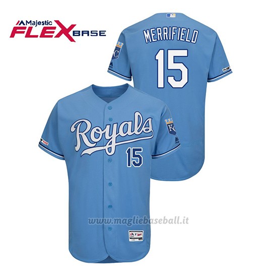 Maglia Baseball Uomo Kansas City Royals Whit Merrifield 150th Aniversario Patch Flex Base Blu Luminoso